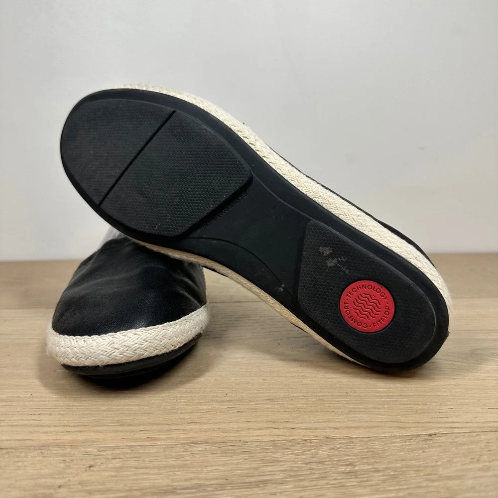FitFlop Espadrille Flats Women 7.5 Black Leather Slip On Dynamicush Comfort